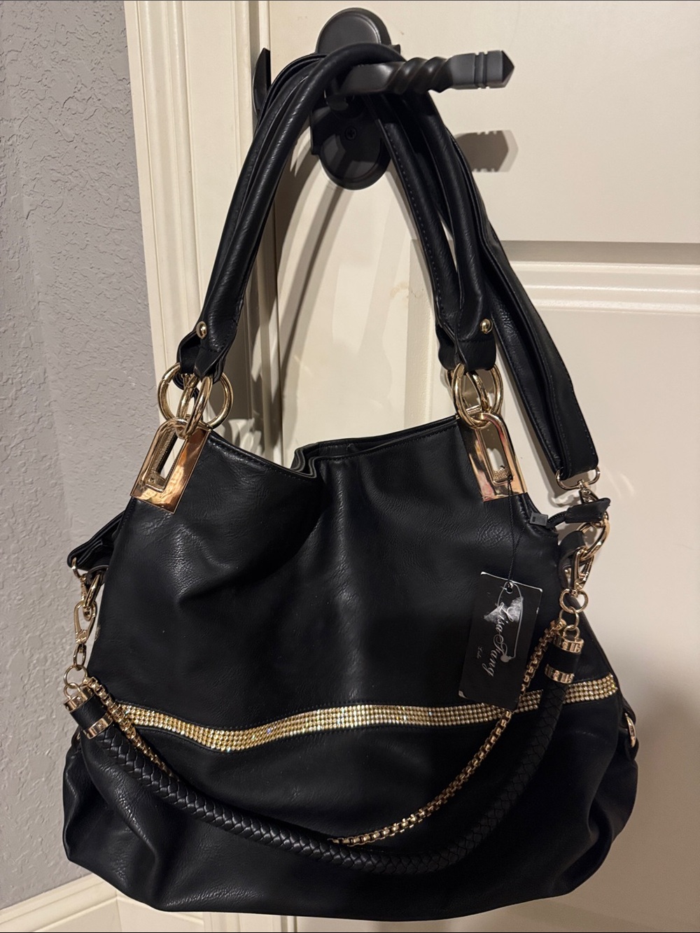 Black Shoulder Tote with Gold Chain Accents